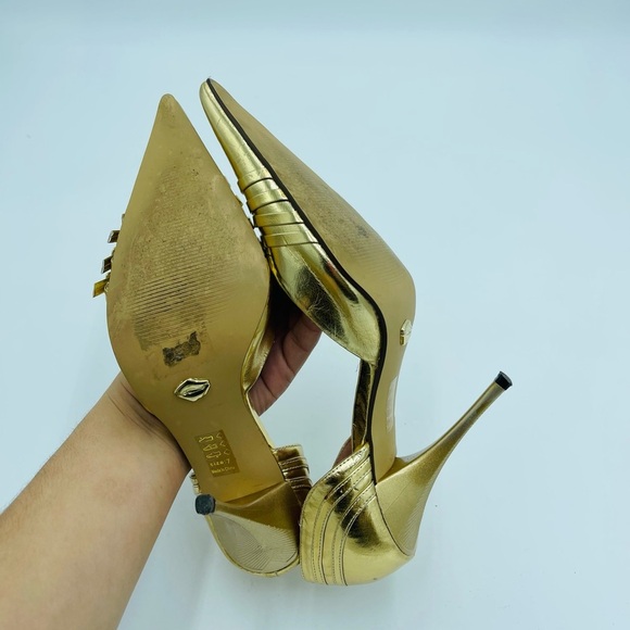 Chrome Gold Metallic Shiny Buckle Pointed Toe Stilettos - Picture 8 of 8